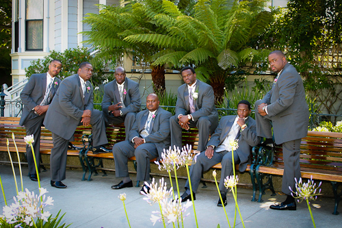 Preservation Park, Oakland wedding - groomsmen on bench